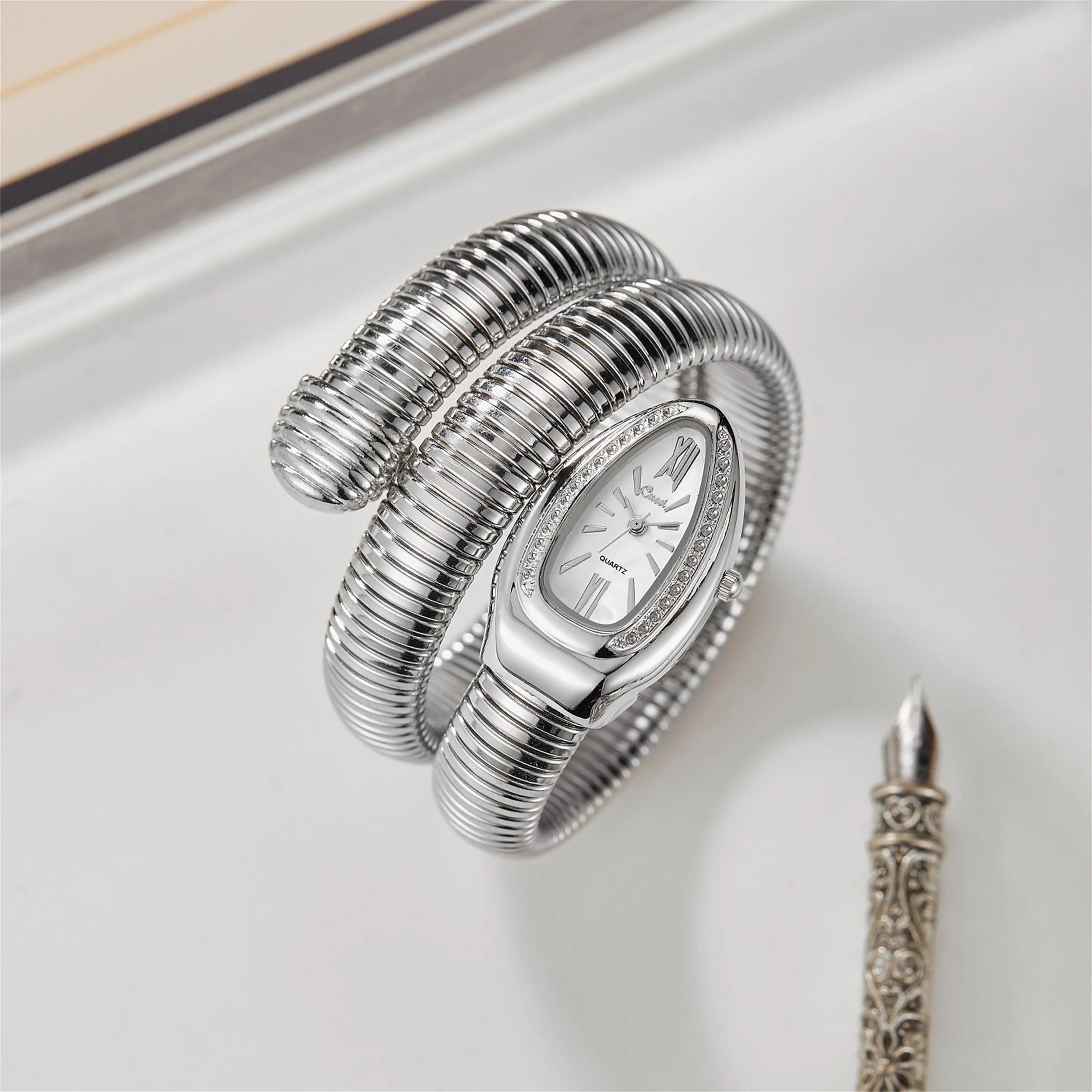 Fashion Avantgarde Luxury Gold Quartz Snake Watches for Women with Zircon Diamonds - Winding Bangle Ladies Watches