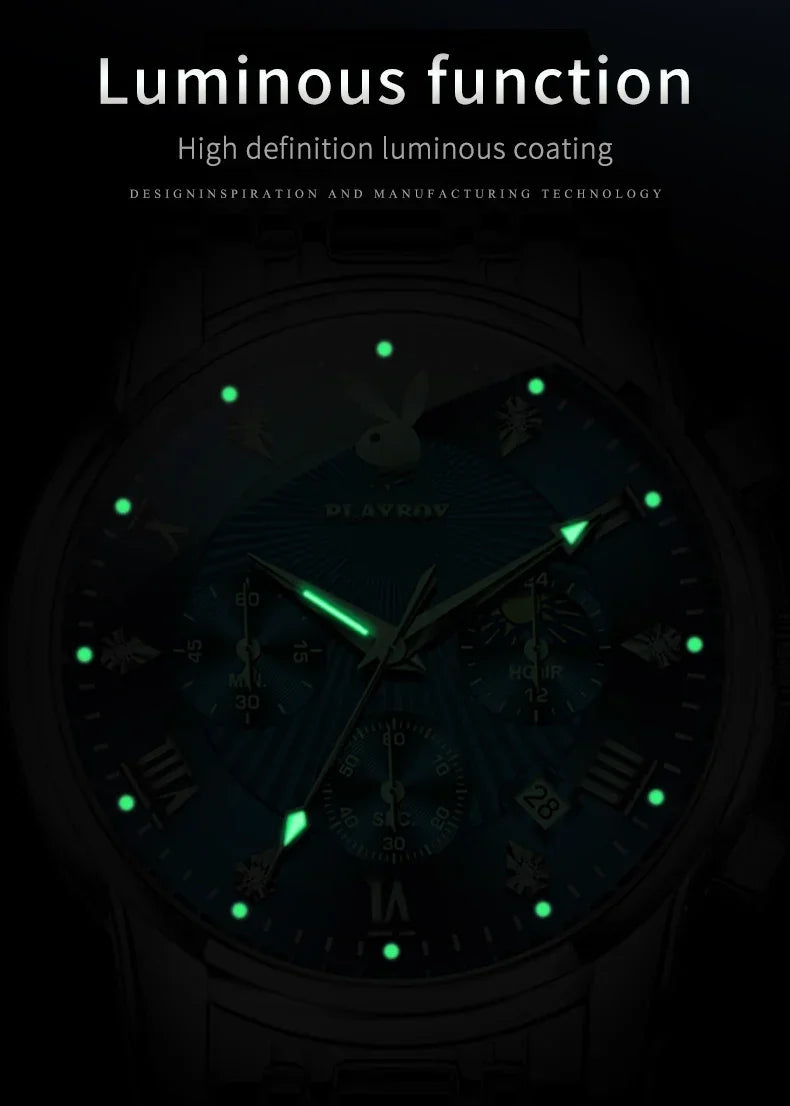 PLAYBOY Fashion Luxury Multifunction Original Waterproof Stainless Steel High Quality Quartz Watch for Men