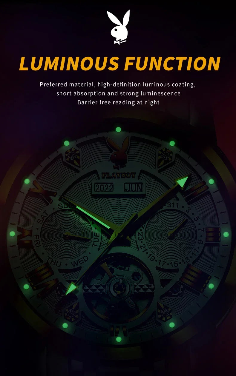 PLAYBOY Luxury Top Brand Fashion Automatic Mechanical Stainless Steel Waterproof Business Men's Watches for Men