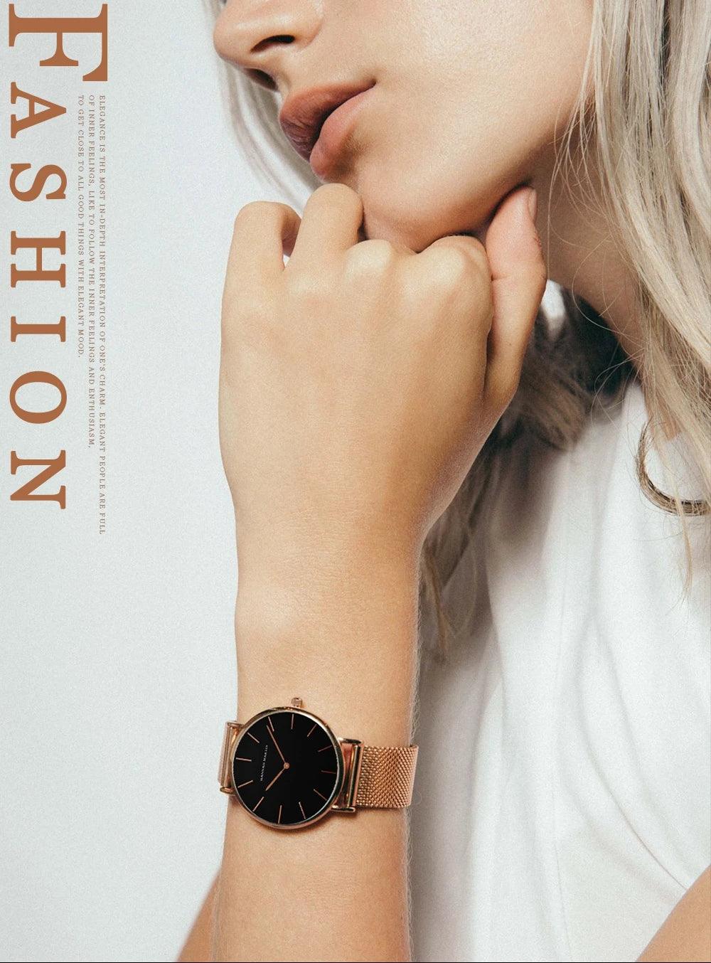 New Simple Elegant Rose Gold Tone Stainless Steel Women Bracelet Watch - Quartz Movement Steel Mesh Watches