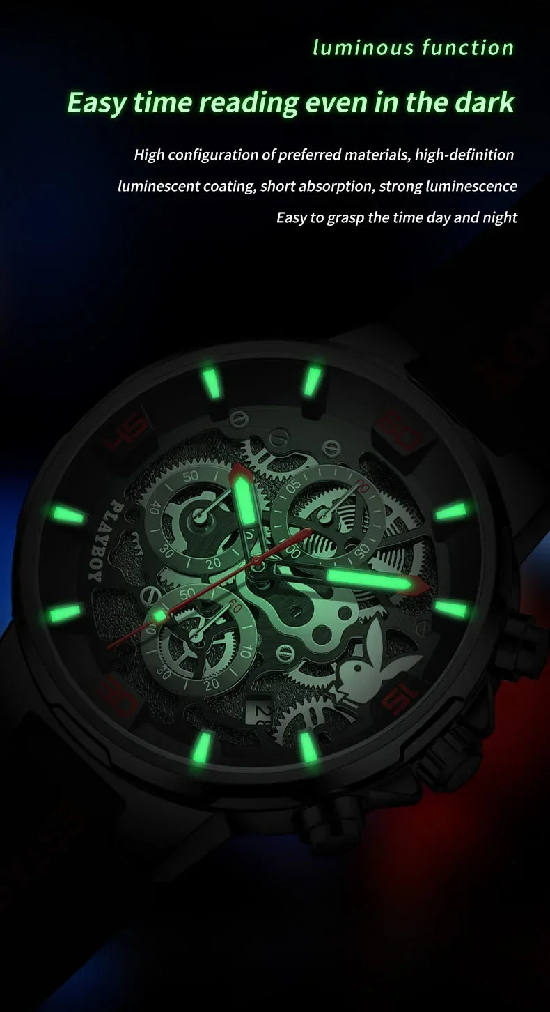 PLAYBOY Casual Quartz Luxury Sports Luminous Waterproof Fashion High-end Silicone Strap Men's Wristwatch