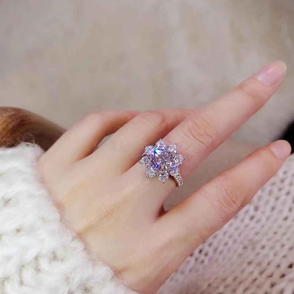 18K White Gold Plated 925 Sterling Silver 2 Carat Sunflower Moissanite Diamonds Engagement Weddings Rings For Women