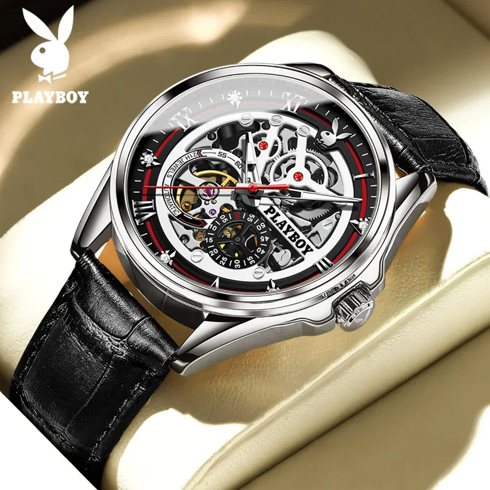 PLAYBOY Brand Skeleton Multifunction Automatic Mechanical Original Stainless Steel Fashion Luxury Watches for Men