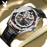 PLAYBOY Brand Skeleton Multifunction Automatic Mechanical Original Stainless Steel Fashion Luxury Watches for Men