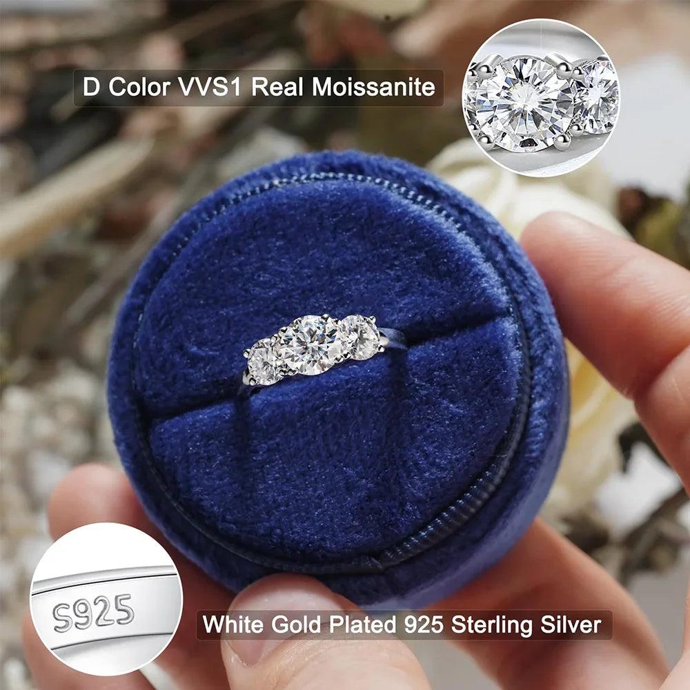 Amazing 3 Stones Sparkling 2/4 Carat Moissanite Diamonds Rings Silver Wedding Engagement Jewellery With Certificate
