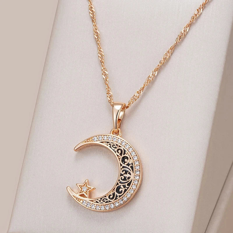 Unique 14K Filled Rose Gold Black Enamel Moon And Star Trendy Pendant Necklace n With Shiny AAA CZ Crystals.