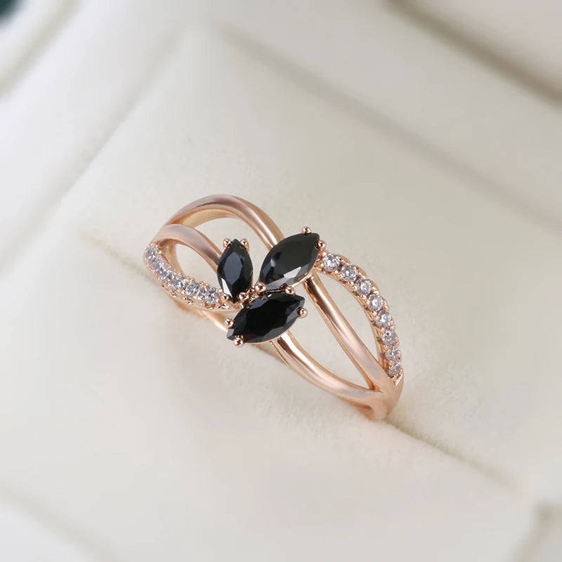 Trendy Flower Design Rolled Rose Gold of 14-Karat Purity Black AAA Zircon Crystals Ring - Fine Jewellery