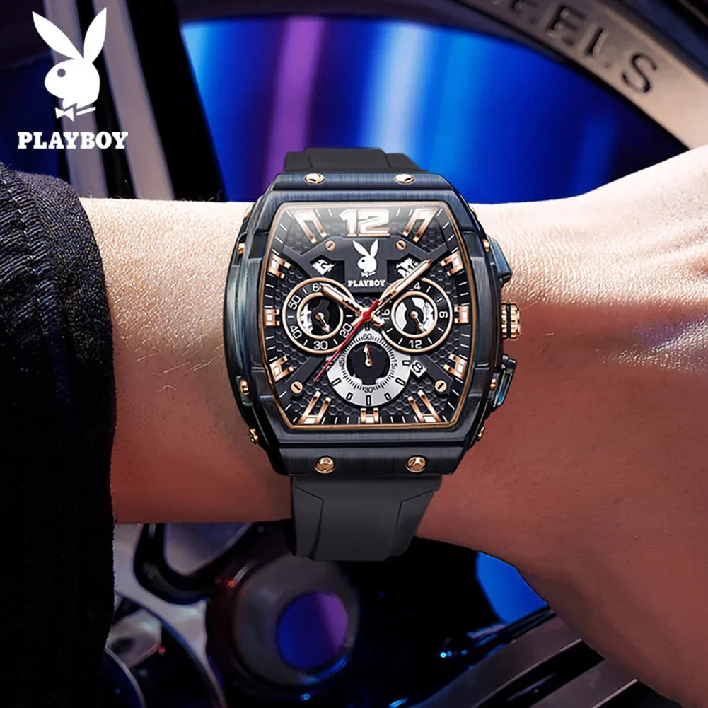 PLAYBOY Top Brand High Quality Multifunction Original Fashion Waterproof Silicone Strap Quartz Watch for Men