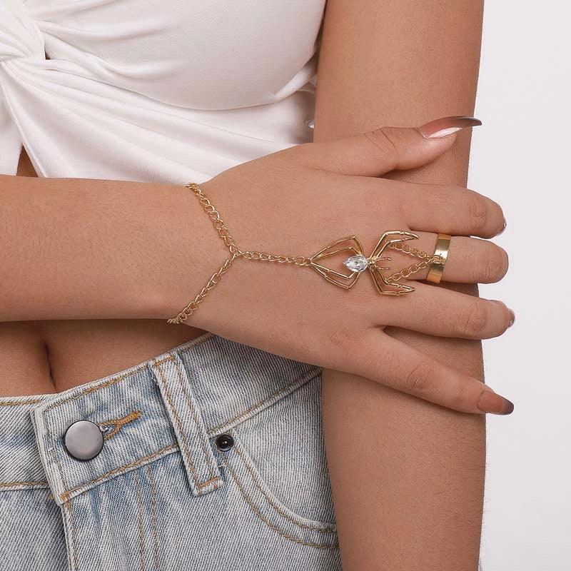 Vintage Punk Goth Exaggerated Spider Snake Butterfly Ring with Bracelet Link and Wrist - Fashion Bracelets Jewellery - The Jewellery Supermarket