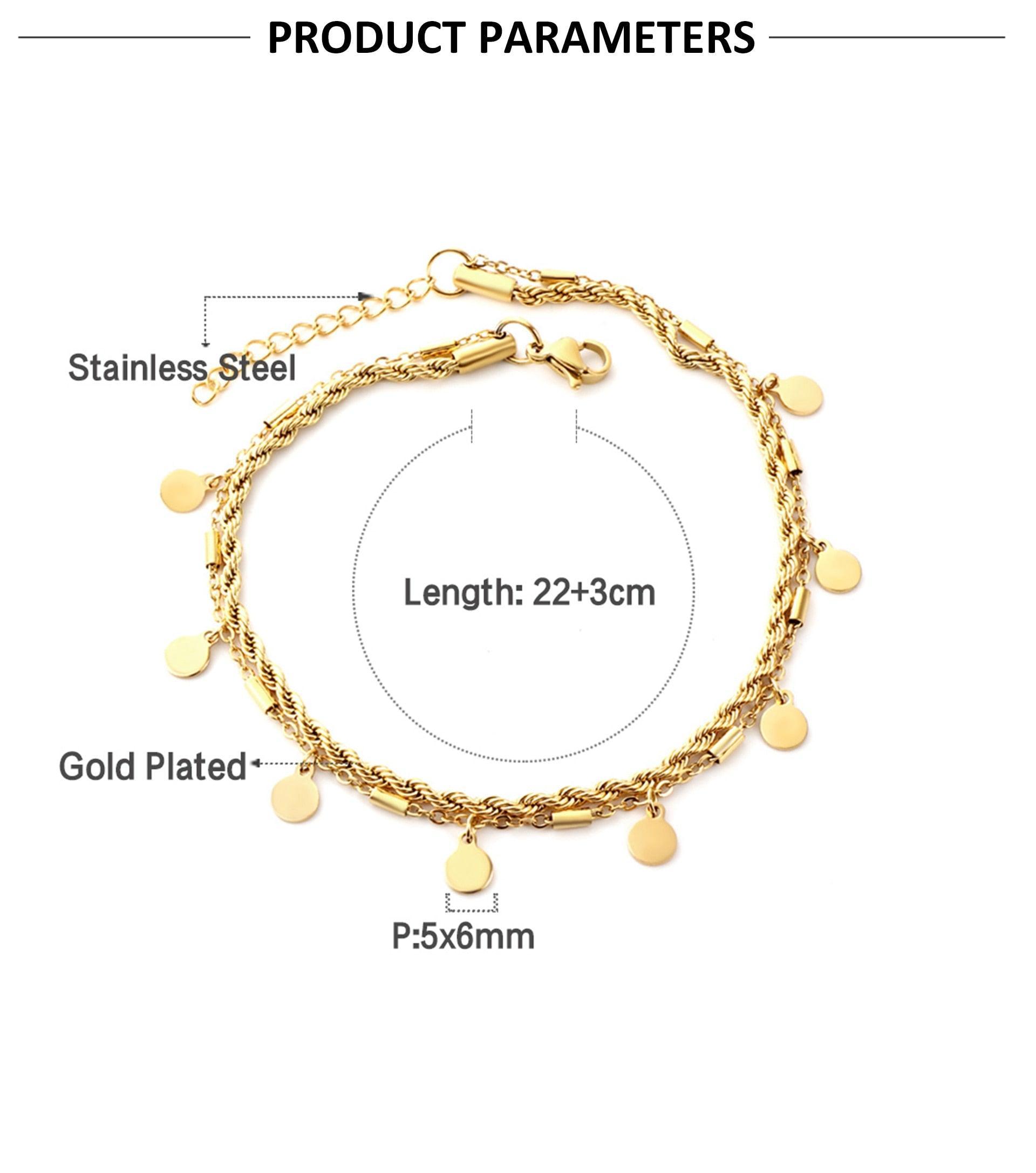 Double Layer Coin Disc Pendant Anklets - Gold Colour Stainless Steel Anti-allergic Rope Chain Jewellery - The Jewellery Supermarket