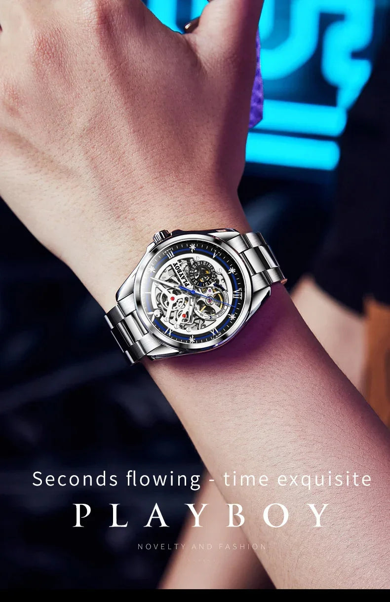 PLAYBOY Brand Skeleton Multifunction Automatic Mechanical Original Stainless Steel Fashion Luxury Watches for Men