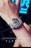 PLAYBOY Brand Skeleton Multifunction Automatic Mechanical Original Stainless Steel Fashion Luxury Watches for Men