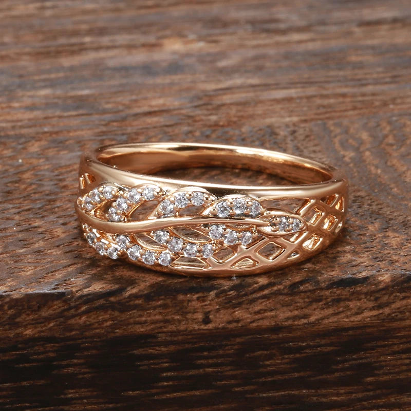 Awesome Vintage Texture Full Hollow Design 14K Rolled Rose Gold AAA Zircon Diamonds Ring -  Exquisite  Jewellery