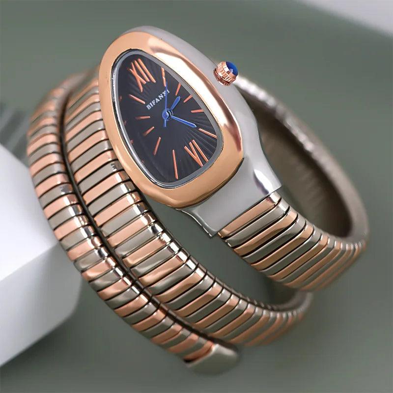 Latest Fashion Snake Design Luxury Gold Colour Stainless Steel Quartz Watches for Women Waterproof Elegant Jewellery