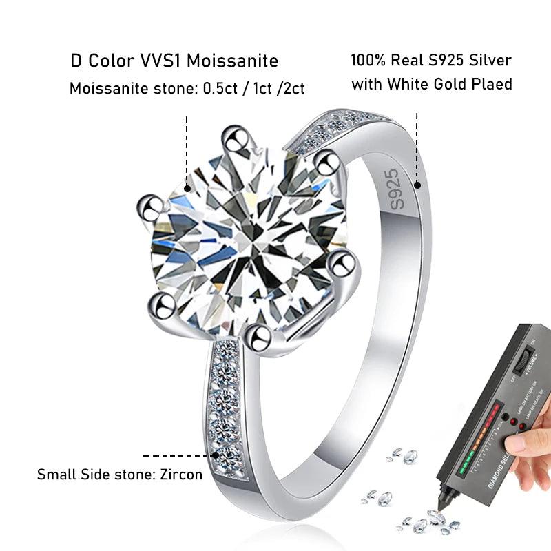 Marvelous 0.5ct 1ct 2ct Moissanite Diamond Solitaire Engagement Rings - Sterling Silver Jewellery with Certificate