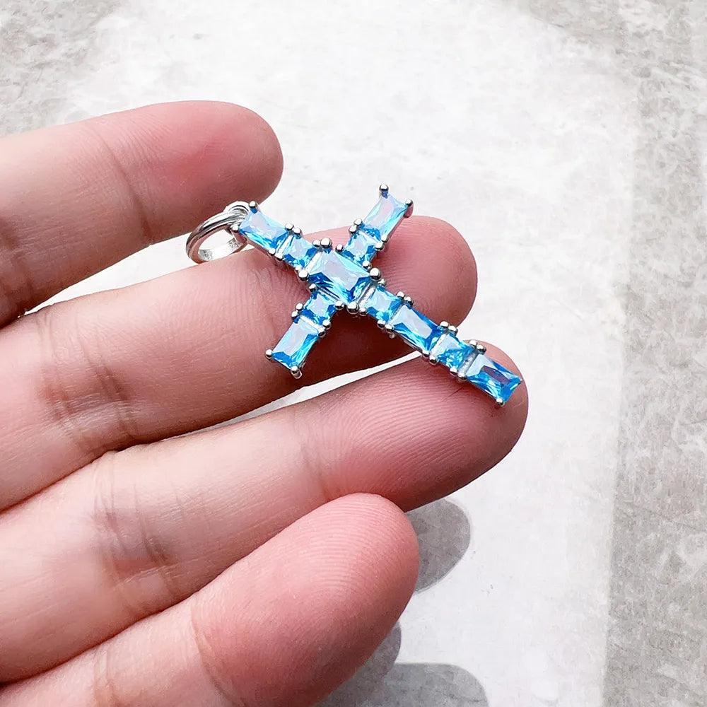 Brand New Pendant Cross with Aquamarine Stones 925 Sterling Silver Fine Jewellery Accessories Romantic Gift For Ladies - The Jewellery Supermarket