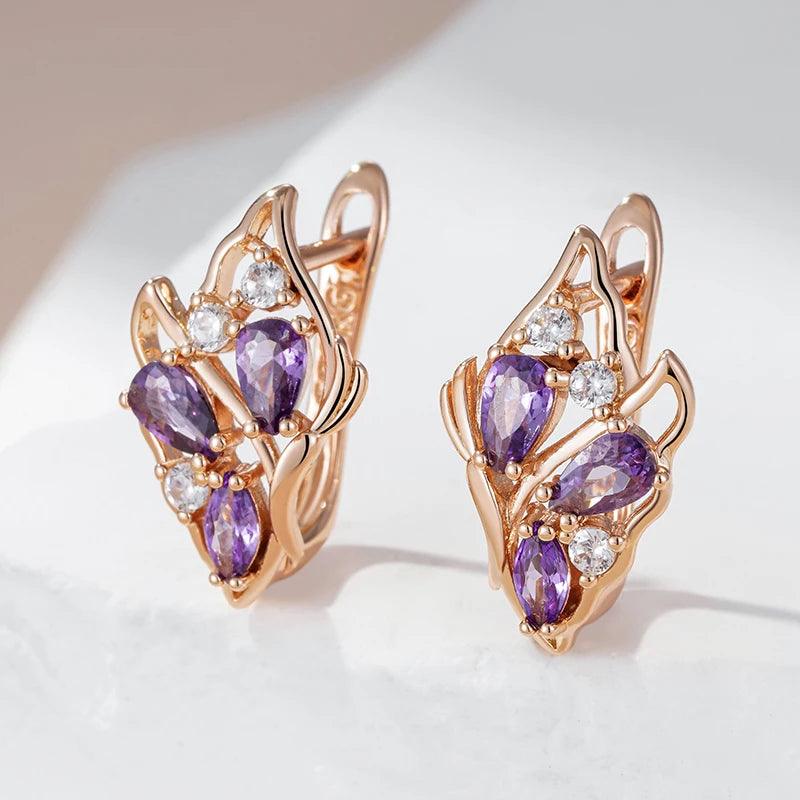 Luxury Geometric Hollow Vintage Filled 14K Rose Gold Purple AAA Zircon Diamonds Drop Earrings, Fashion Jewellery