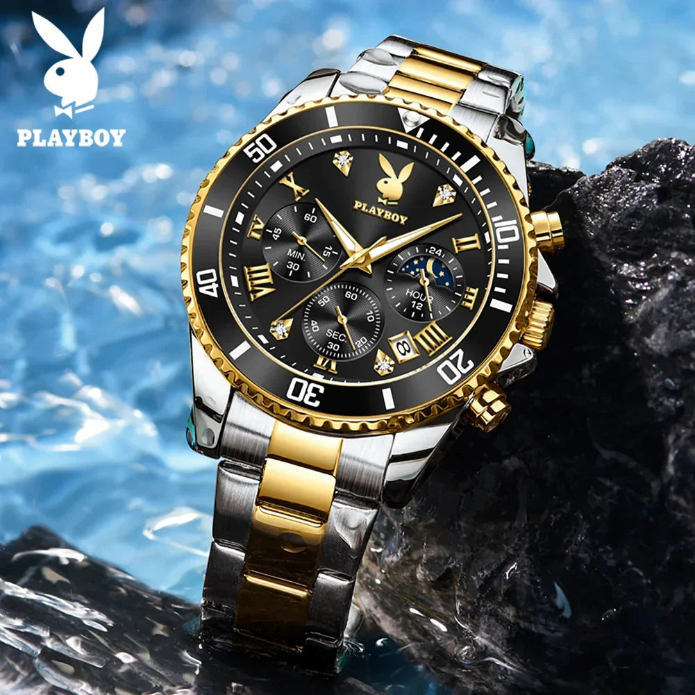 PLAYBOY Casual Business New Original Stainless Steel Multifunction Waterproof Luxury Quartz Men's Watches