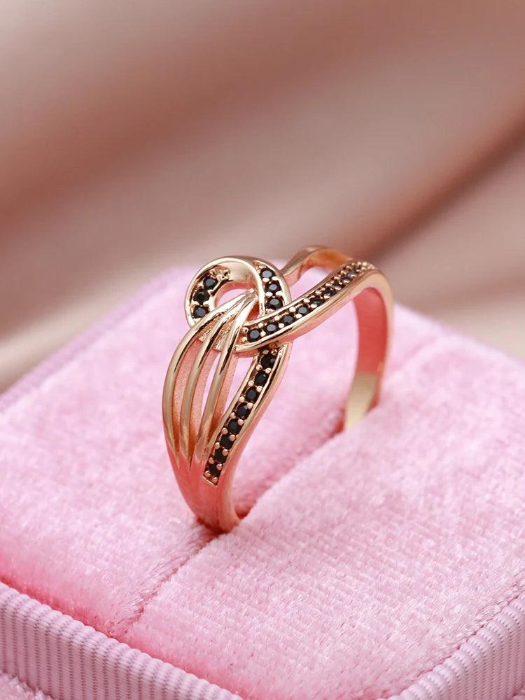 Luxury Geometric Line Cross Rolled 14K Rose Gold With Black AAA Zircon Crystals Ring - Fashion Vintage Jewellery