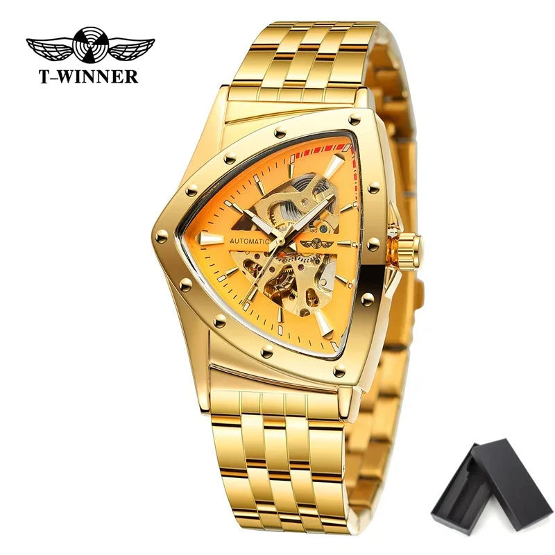 Golden Stainless Steel Waterproof Sport Transparent Triangle Skeleton Mechanical New Mens Wristwatches