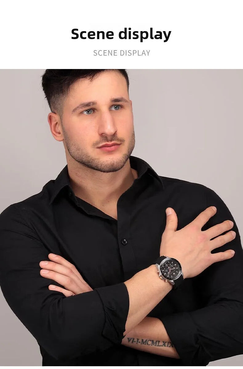 Amazing Gold Maserati Men's Watch Sports Leisure Luxury Europe and America Large Dial Black Silicone StrWatch.