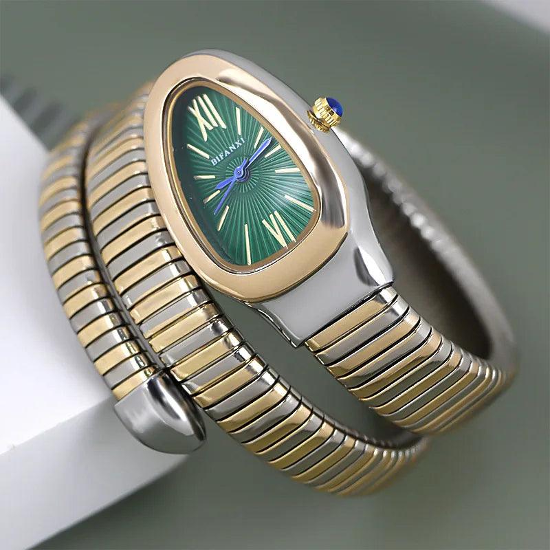 Latest Fashion Snake Design Luxury Gold Colour Stainless Steel Quartz Watches for Women Waterproof Elegant Jewellery
