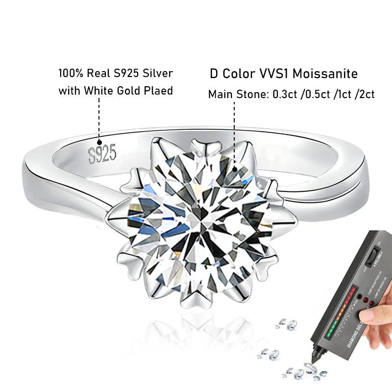 0.5ct 1ct 2ct Snowflake Moissanite Diamonds Sterling Silver Wedding Solitaire Rings with GRA Certificate Jewellery