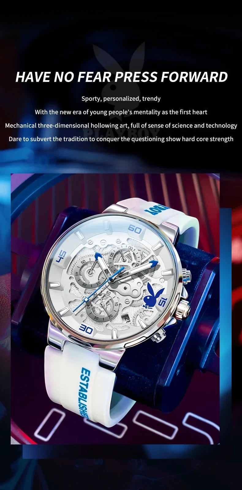 PLAYBOY Top Brand High Quality Luxury Men Watch Silicone Strap Waterproof Fashion Quartz Men's Watches