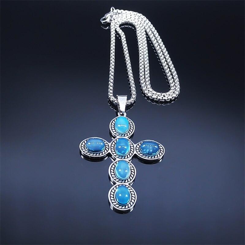 Bohemian Cross Pendant Necklace Stainless Steel Natural Stone Simple Chain Christian Necklaces Gift Jewellery - The Jewellery Supermarket