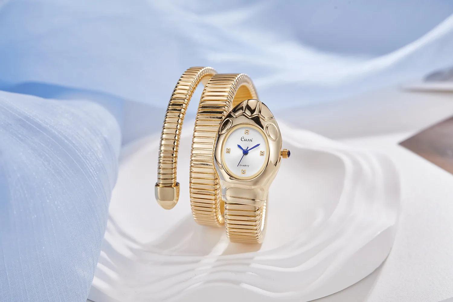 New Luxury Gold Silver Colour Snake Shaped Quartz Watches For Women - Elegant Fashionable Bracelet Wristwatches
