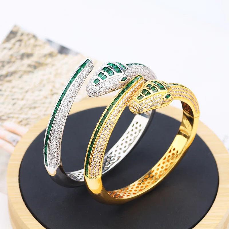 Designer Collection Rectangle Zircon Diamonds Gold Color Snake Serpent Snakelike Open Bangle Bracelet Ladies Watches