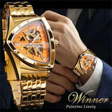 Golden Stainless Steel Waterproof Sport Transparent Triangle Skeleton Mechanical New Mens Wristwatches