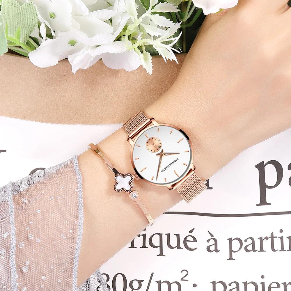 New Rose Gold Tone Elegant Stainless Steel Lady's Watch. Adjustable Multi Function Movement Quartz Wristwatches