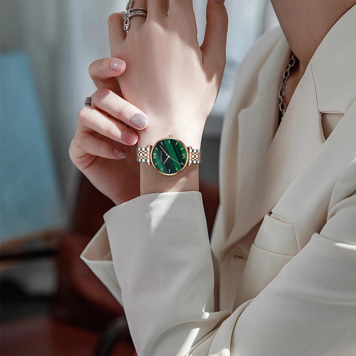 New Design Elegant Green Malachite Dial Ladies Watches Japanese Quartz Movement Stainless Steel Strap Waterproof Watches