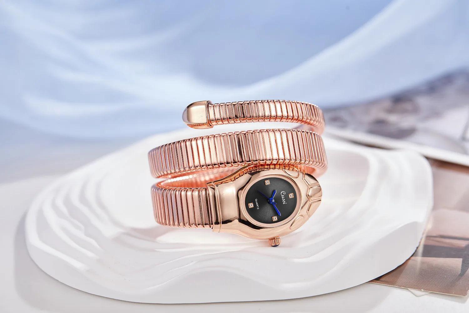 New Luxury Gold Silver Colour Snake Shaped Quartz Watches For Women - Elegant Fashionable Bracelet Wristwatches