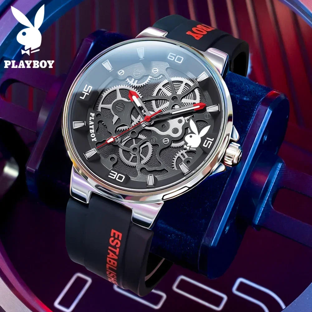 PLAYBOY Luxury Brand Casual Waterproof Quartz Silicone Strap Sports Elegant High-end Wrist Watch for Men