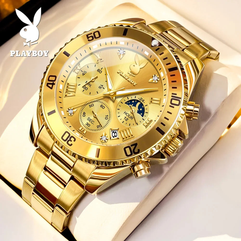 PLAYBOY Casual Business New Original Stainless Steel Multifunction Waterproof Luxury Quartz Men's Watches