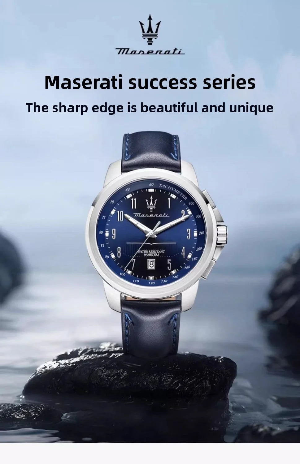 New Maserati Watch Men's Dial Simple Quartz Classic Business Blue Leather Strap Three-eye Timing waterproof  Watch