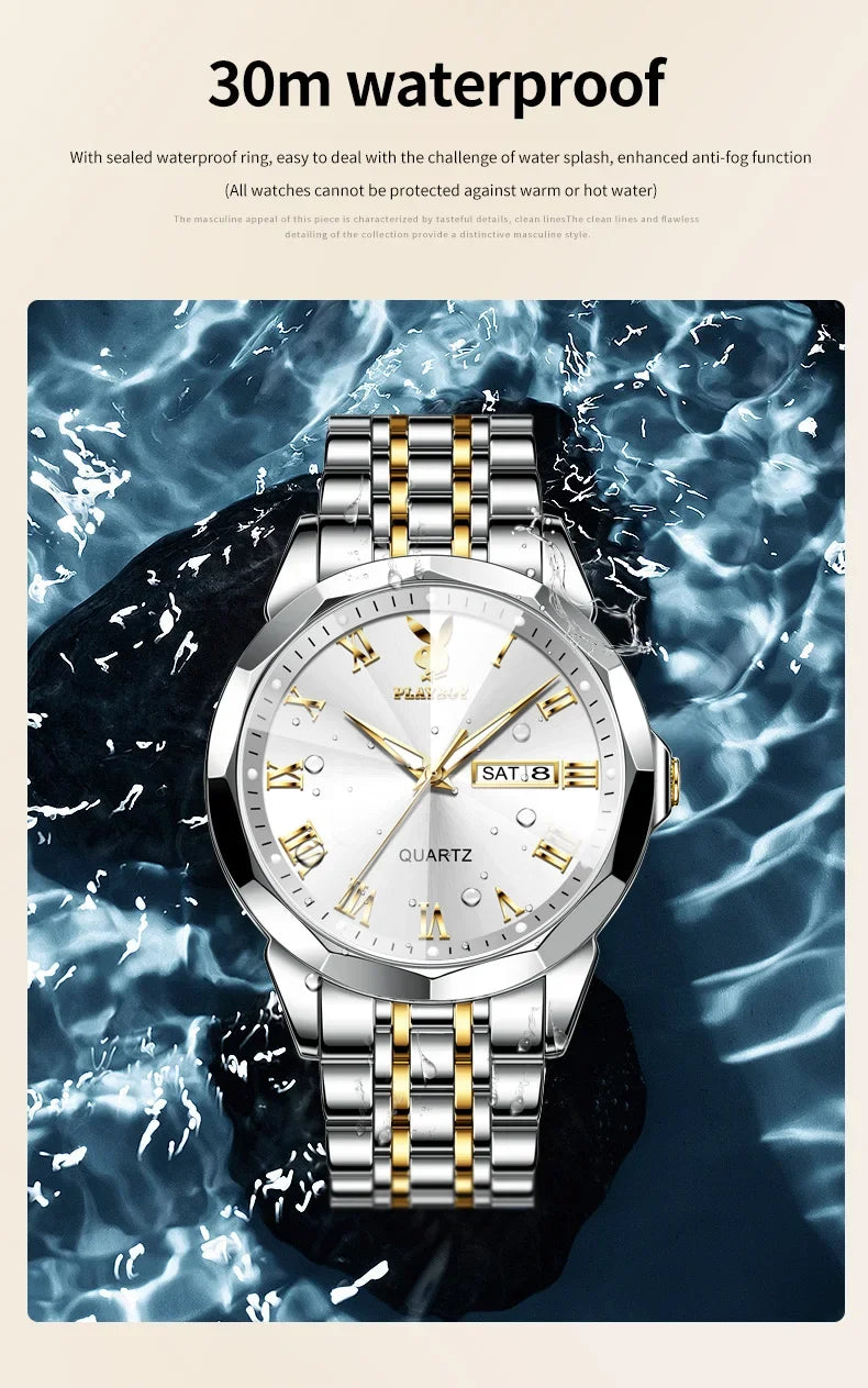 PLAYBOY Fashion Luxury High Quality Original Stainless Steel Waterproof Dual Calendar Luminous Quartz Men Watch