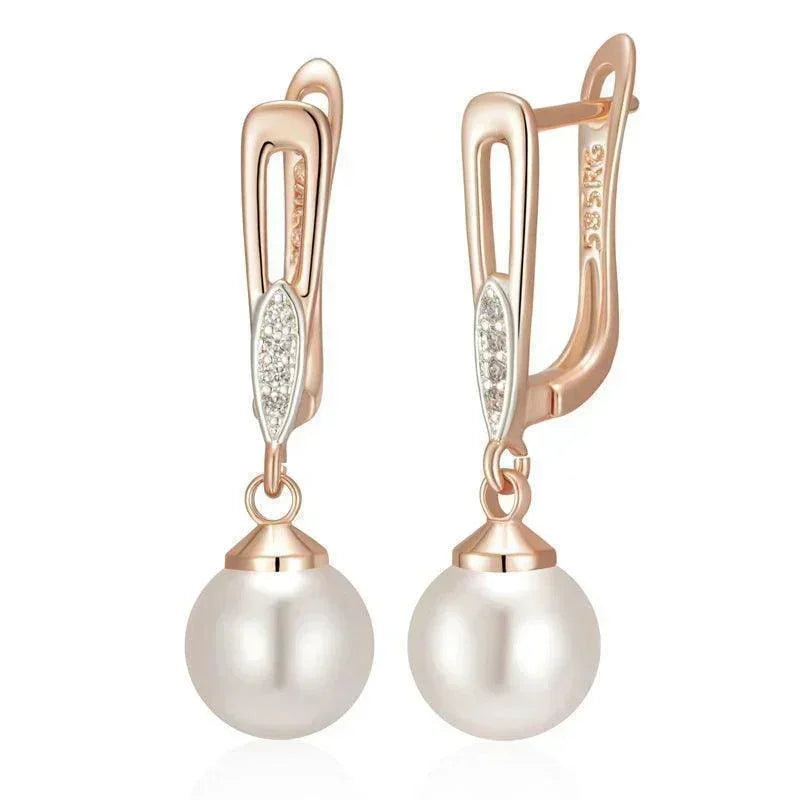 Luxury Unique Geometric Filled Rose Gold of 14-Karat Purity Pearl Drop Earrings for Women - Boho Ethnic Jewellery