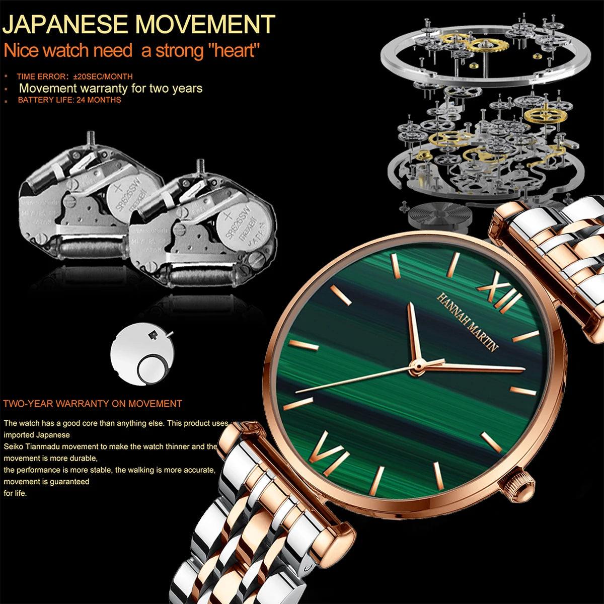 New Design Elegant Green Malachite Dial Ladies Watches Japanese Quartz Movement Stainless Steel Strap Waterproof Watches