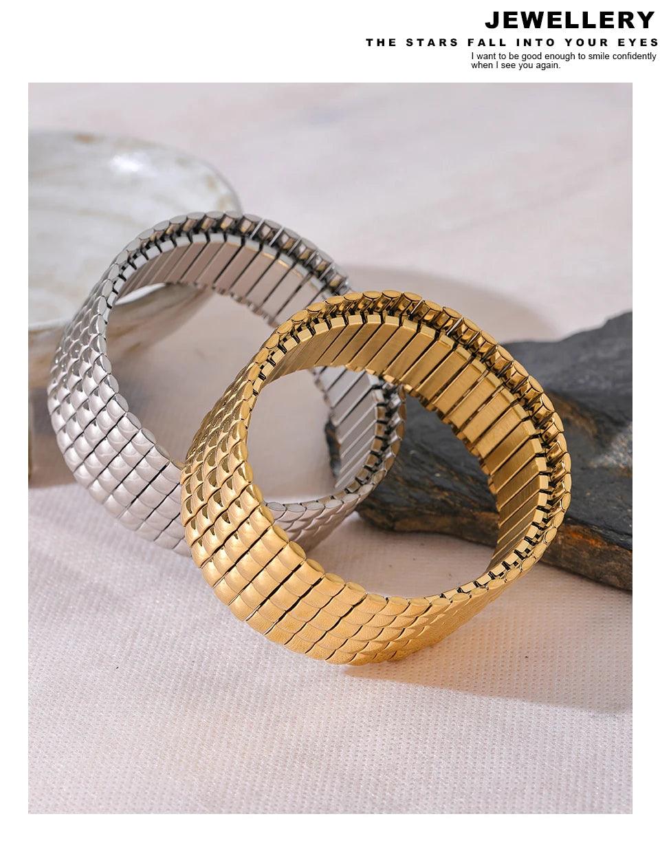 New Trendy Stainless Steel Elastic Metal Wide Bracelet Bangle Gold Silver Colour High Quality Jewellery - The Jewellery Supermarket