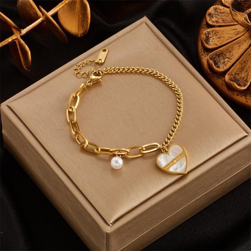 316L Stainless Steel Gold Colour Heart Butterfly Thick Bracelet For Women - High Quality Charming Jewellery - The Jewellery Supermarket