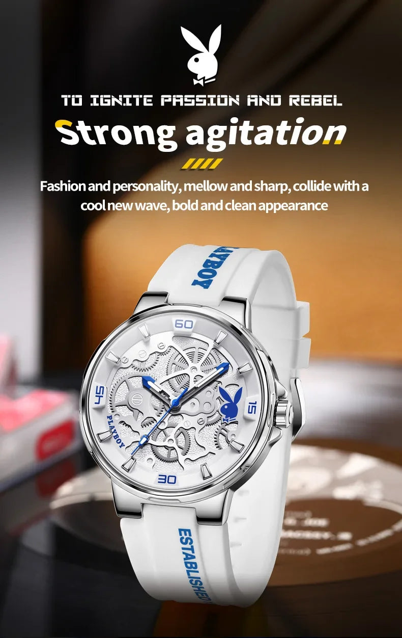 PLAYBOY Luxury Original Silicone Strap Fashion Casual Quartz High Quality Waterproof Watches for Men