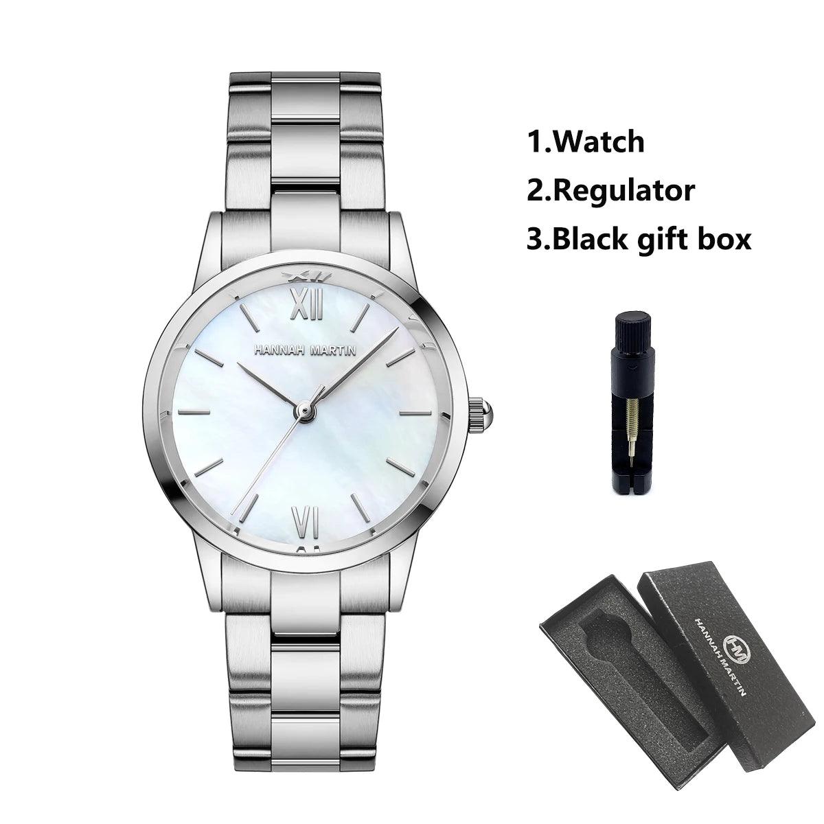 NEW Elegant Quartz Pearl Oyster Jade Stone White Shell Waterproof Ladies Full Stainless Steel Classic Wrist Watches