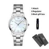 NEW Elegant Quartz Pearl Oyster Jade Stone White Shell Waterproof Ladies Full Stainless Steel Classic Wrist Watches
