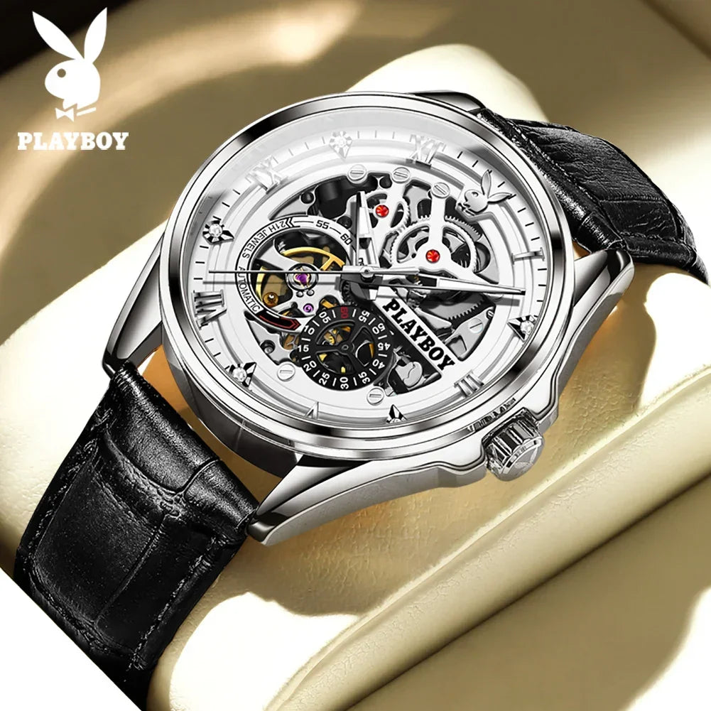 PLAYBOY Brand Skeleton Multifunction Automatic Mechanical Original Stainless Steel Fashion Luxury Watches for Men