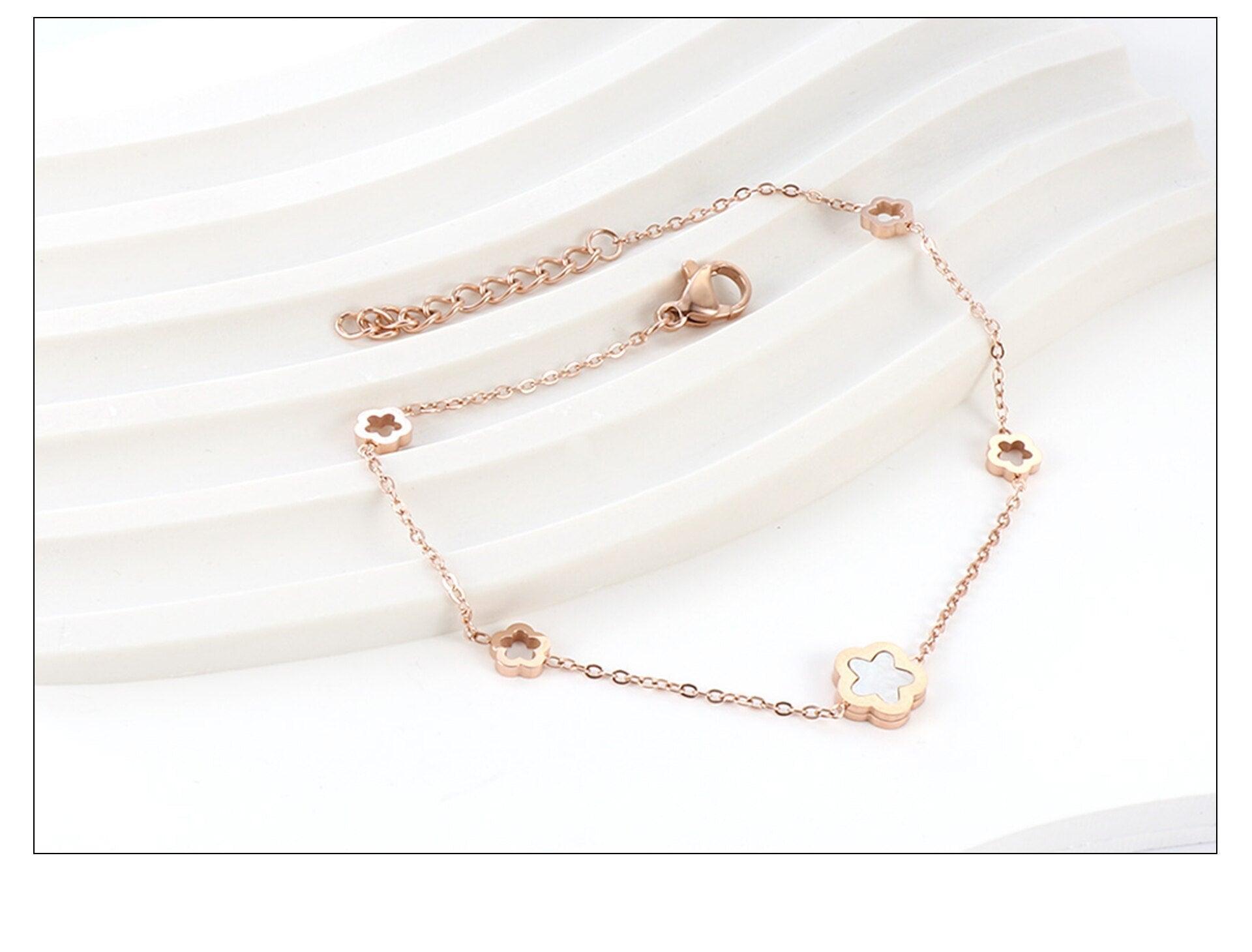 Elegant White Shell Charm Bracelet For Women - Hollow Flower Chain Stainless Steel Luxury Jewellery  - The Jewellery Supermarket