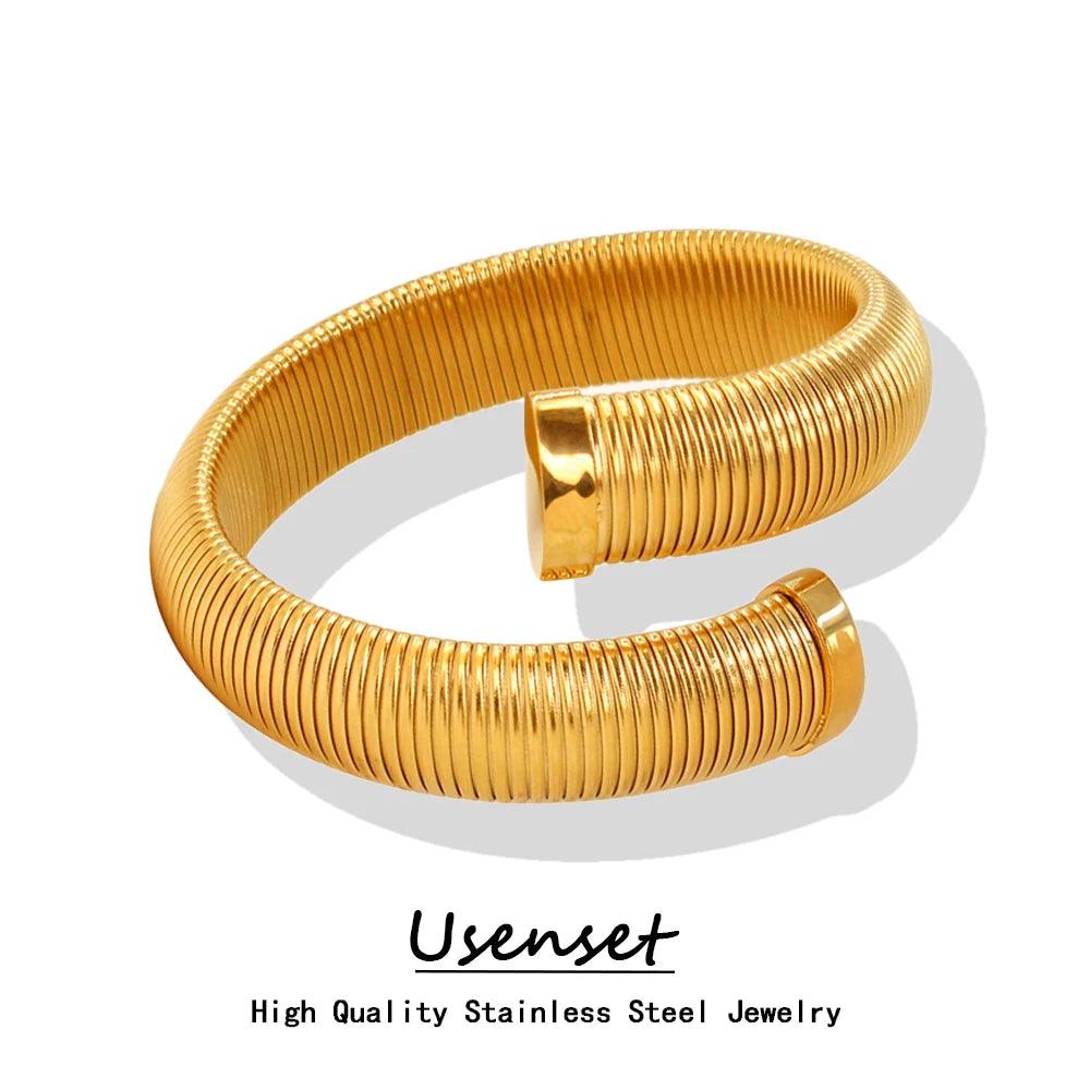 Trendy Wide Chunky Women Stainless Steel Cuff Bangles, Attractive Spiral Texture PVD Gold Plated Daily Wear Bracelet - The Jewellery Supermarket