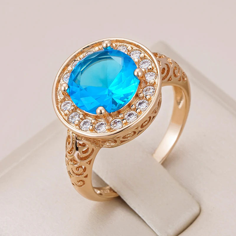 New Fashion Ethnic Hollow Flower Design Rolled 14K Rose Gold Big Blue AAA Zircon Diamonds Ring - Fine Jewellery